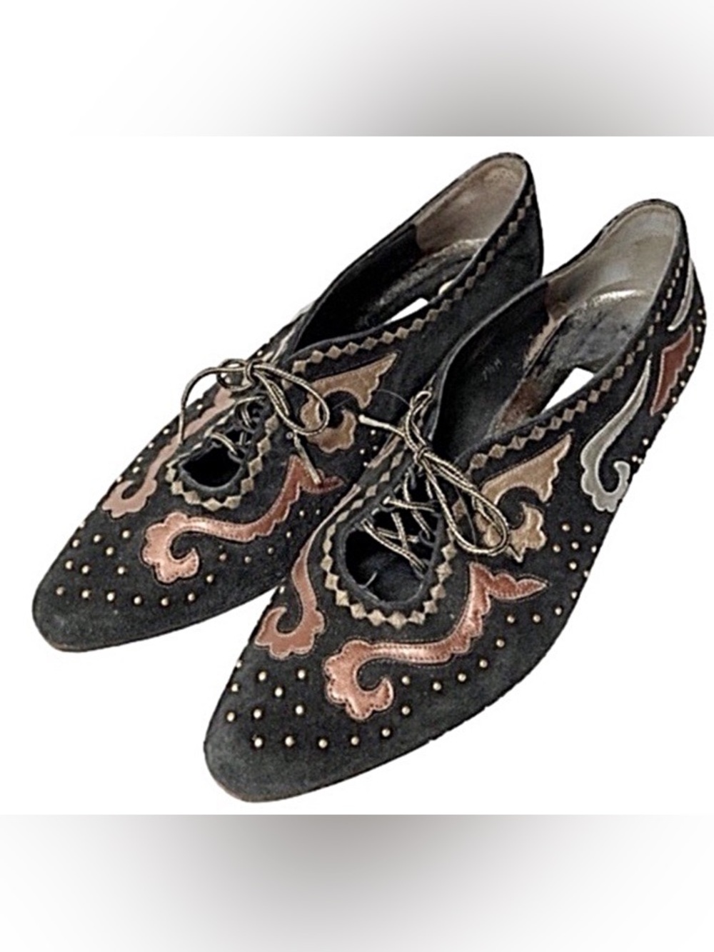 Margaret Jerrold black Suede Lace-Up Shoes with Rose Gold Embroidery
